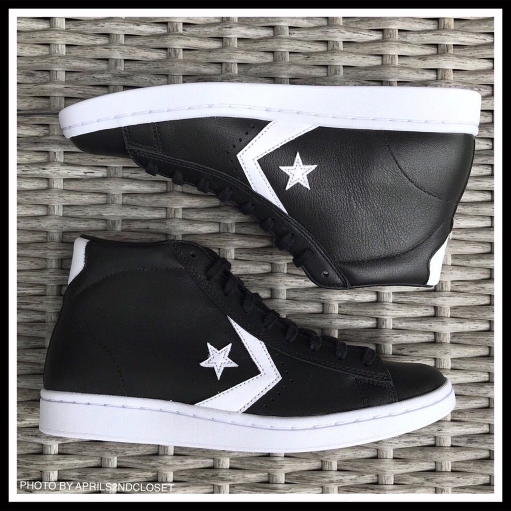 CONVERSE BLACK LEATHER ALL STAR MID HIGH TOPS A2C - Picture 6 of 8